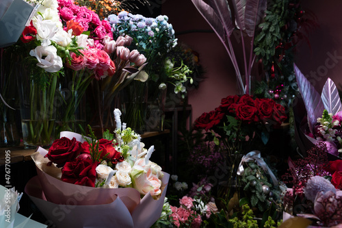 floristic compositions freshly cut flowers on a shelf in a shop selling bouquets