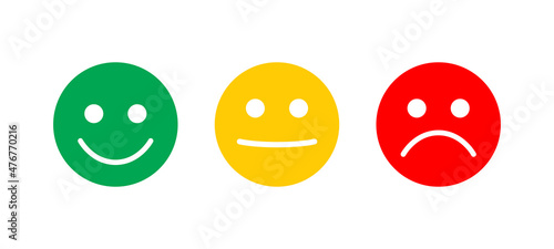 Three different feedback with emoticons icons on white. Simple vector emoji. Editable stroke.