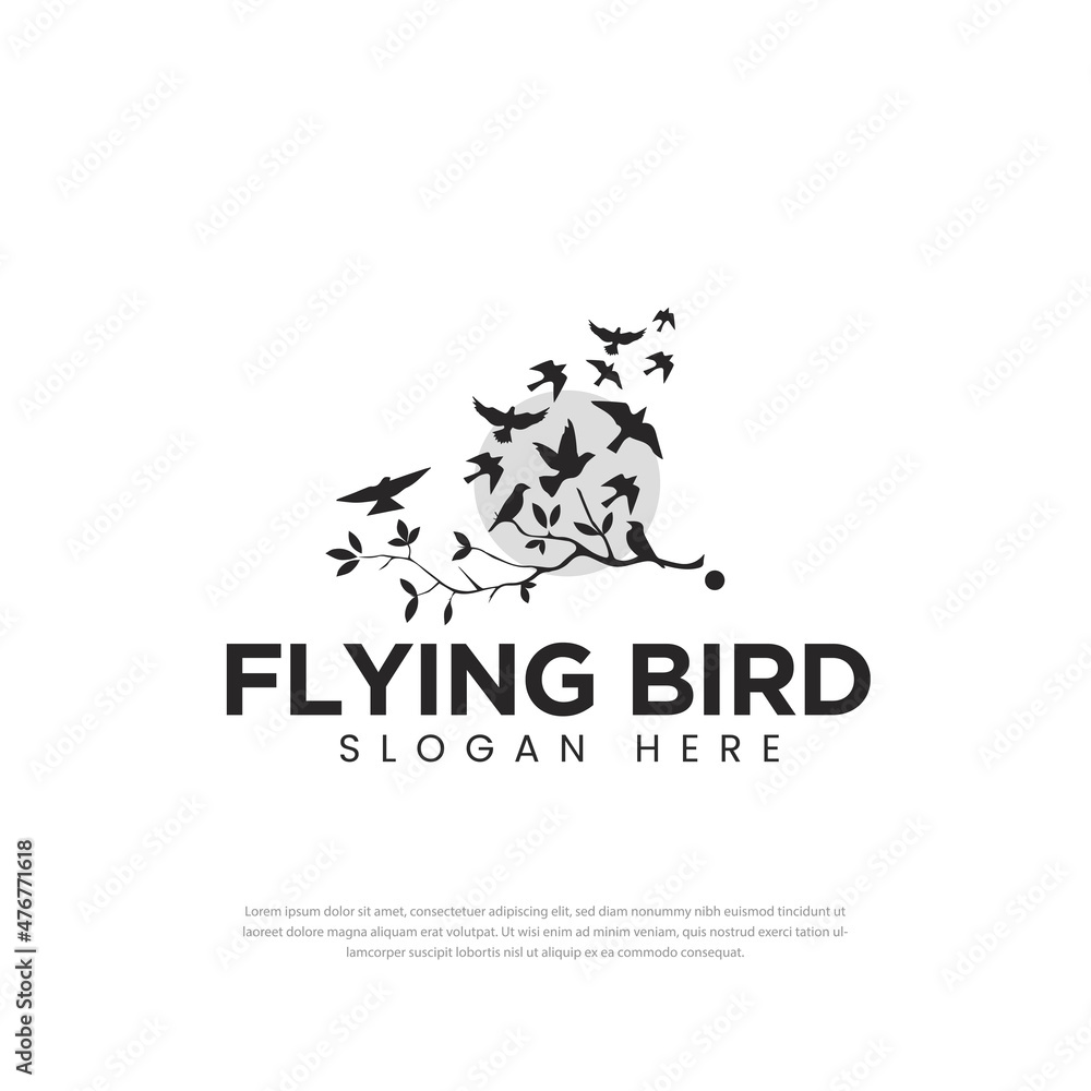 Flying birds in flocks under the moon design logo, symbol, icon, flying bird illustration design template, vector Flying birds in flocks under the moon design logo, symbol, icon, flying bird illustration design template, vector