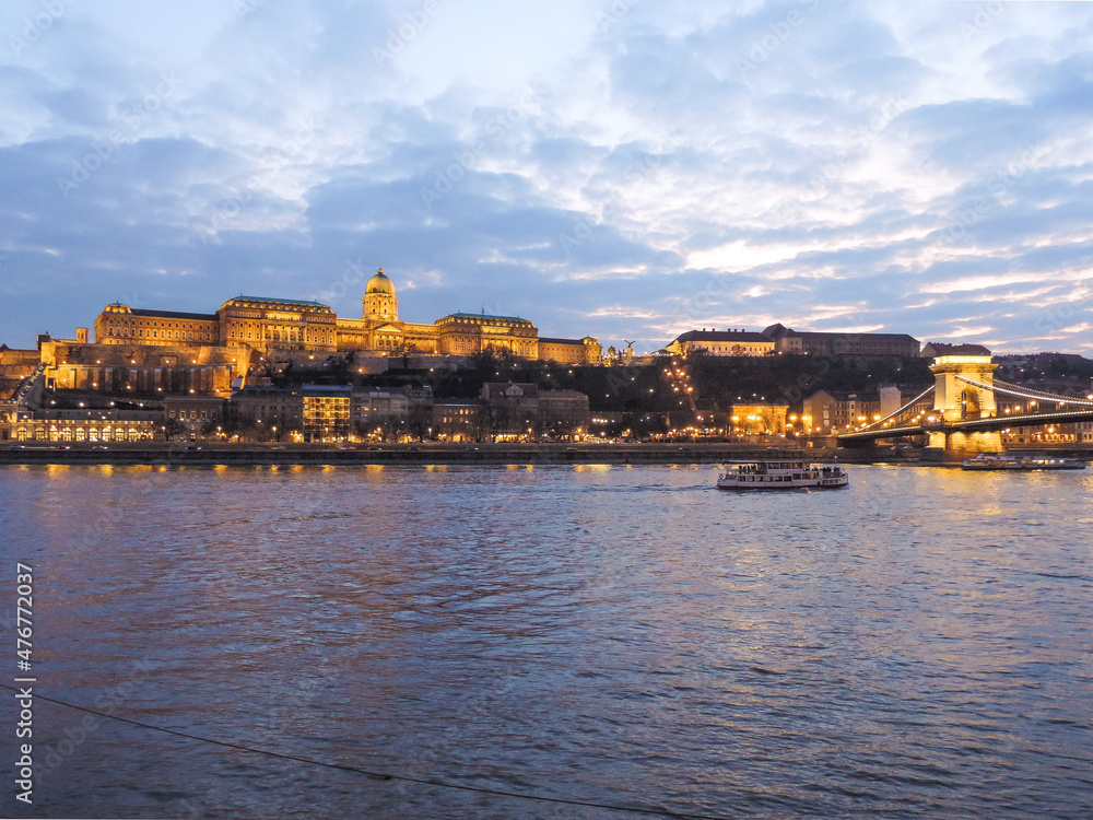 Budapest, Hungary, March 2016 - view of Buda Castle  by the evening