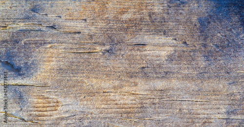 An old wooden board is covered with frost in the cold. Texture, Background, Pattern