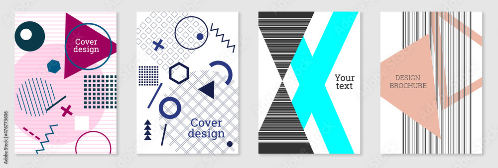 Set of cover design in Memphis style. Geometric design, abstract background. Fashionable bright cover, banner, poster, booklet. Creative colors. Set of cover design in Memphis style. Geometric design, abstract background. Fashionable bright cover, banner, poster, booklet. Creative colors.
