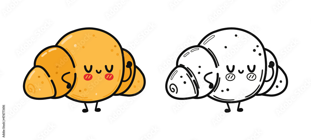 Funny cute happy croissant characters bundle set. Vector kawaii line cartoon style illustration. Cute croissant mascot character collection, outline cartoon illustration for coloring book