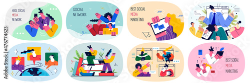 Set of students learn smm in online school 