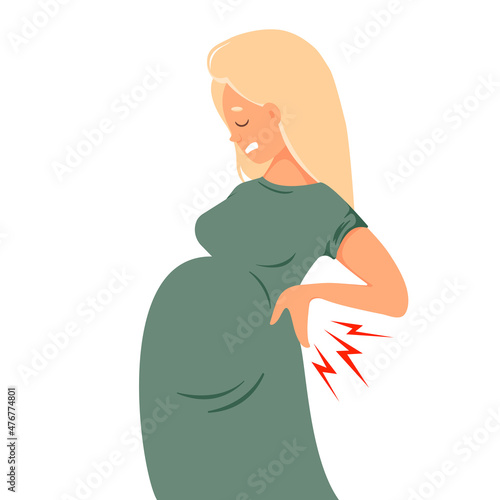 Pregnant woman experiencing back pain. Backache during pregnancy. Concept lower back pain. Vector cartoon illustration in flat style.