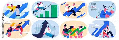 Set of businesspeople sit on arrows going up 
