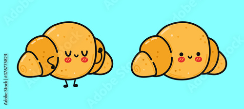 Funny cute happy croissant characters bundle set. Vector kawaii line cartoon style illustration. Cute croissant mascot character collection
