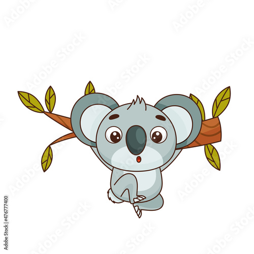 Sweet padna whist on the tree, looking down. Fear of heights. Postcard in children's cartoon style. Vector illustration for designs, prints and patterns.