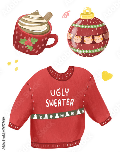 Christmas Ugly Sweater with Christmas coffee cup and Christmas Ball Hand Drawn