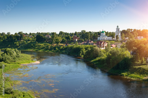 Urban landscape of the city of Rzhev with the Cathedral of the Okovetsko-Rzhevskaya Icon of the Mother of God. Russia.