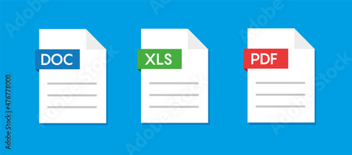 File type icons. Set of pdf, doc, xls. Collection colored icons for download on computer. Graphic templates for ui. Document types in flat style. Vector icon. photo