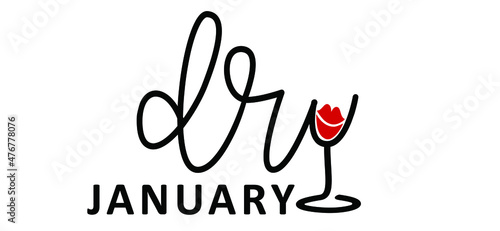 No alcohol during in janyari. Slogan dry january. Alcohol free month. Stop drinking or alcohols. Vector wine glass icon. Line pattern. Love kiss lips