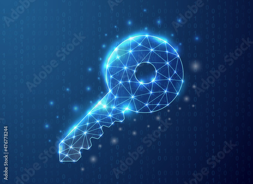 Key polygonal symbol with blue binary code background. Security concept design vector illustration. Blue Key low polysymbol for landing page, advertising page.