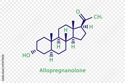 Allopregnanolone chemical formula. Allopregnanolone structural chemical formula isolated on transparent background.