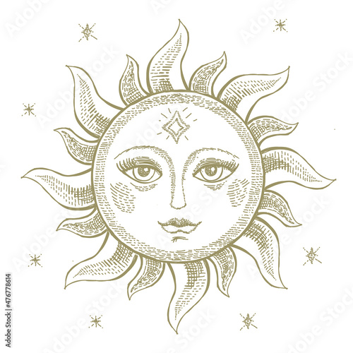 Sun face hand drawing engraving style, Engaraving sun symbol with opened eyes astrology Esoteric vector illustration
