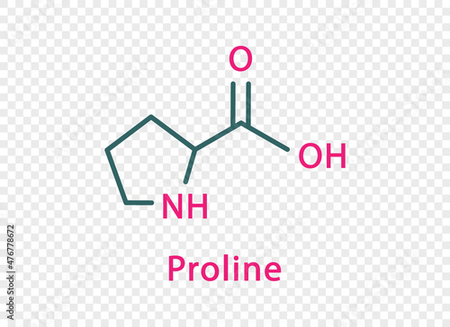 Proline chemical formula. Proline structural chemical formula isolated on transparent background.