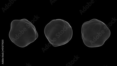 Three deformed spheres. Black background, white grid. Abstract illustration, 3d render.