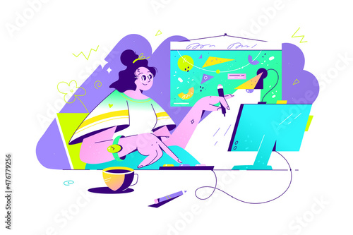 Designer woman create unique work on computer