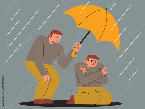 Happy man holding an umbrella to protect himself from rain. Love yourself, self care, self acceptance, mental health  concept. Hand drawn vector cartoon style illustration
