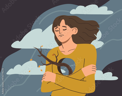 Lonely depressed woman with hole in chest feeling empty inside. Sad female character having psychological disorder. Psychology problem and mental state concept. Hand drawn flat vector illustration