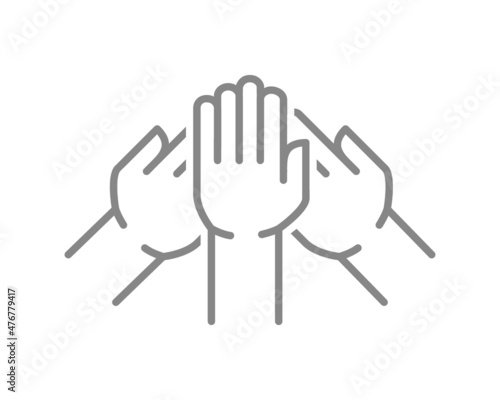 Stack of three hands line icon. Team, unity, friendship symbol