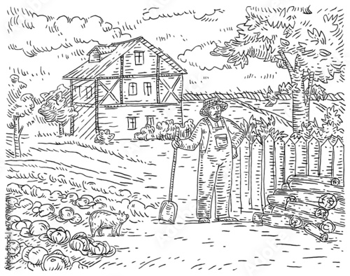 Farmer feeds pigs. Background landscape. Color illustration.