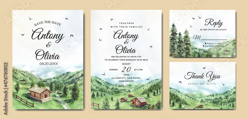 Wedding invitation set of green nature landscape with house watercolor