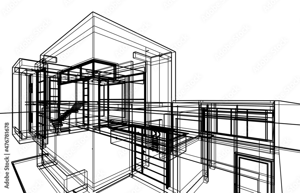 Architectural drawing of modern house vector 3d illustration