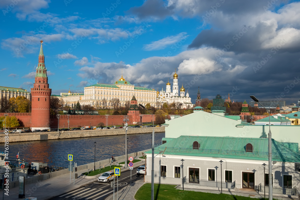 View of the Moscow Kremlin,  the Kremlin Embankment and Sofiyskaya Embankment of Moscow River  on a autumn day