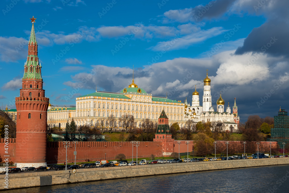 View of the Moscow Kremlin and the Kremlin Embankment of Moscow River on a autumn day View of the Moscow Kremlin and the Kremlin Embankment of Moscow River on a autumn day