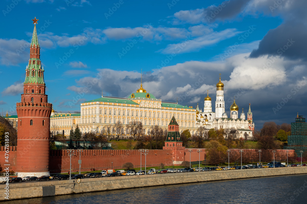 View of the Moscow Kremlin and the Kremlin Embankment of Moscow River  on a autumn day