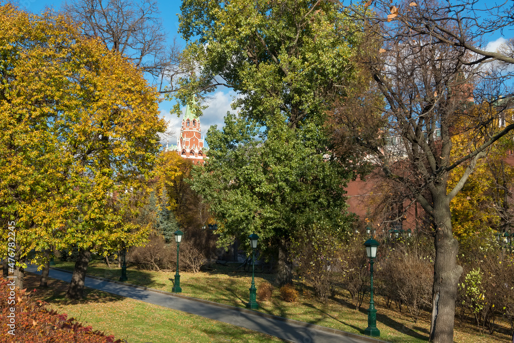 View of the Aleksandrovsky Garden on an autumn day- a park in the Tverskoy district of Moscow, located along the western Kremlin wall, stretching from Revolution Square to the Kremlin embankment. 