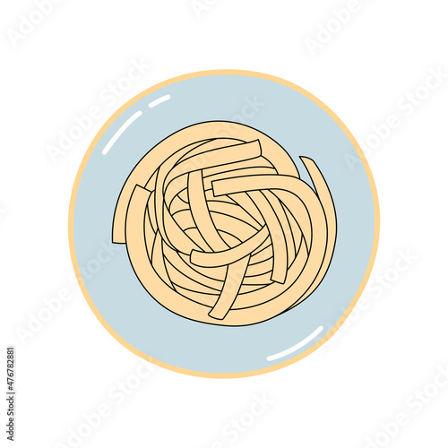 Fettuccine pasta in a plate. Vector doodle sketch. Traditional Italian food illustration. Hand-drawn image