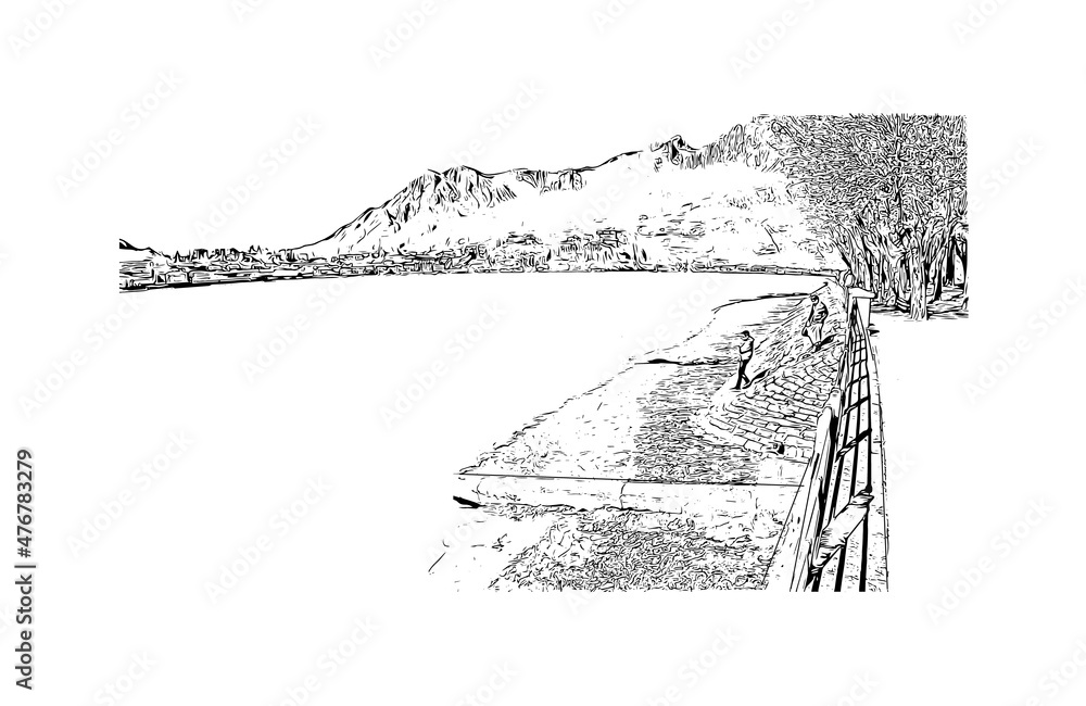 Obraz premium Building view with landmark of Lecco is the city in Italy. Hand drawn sketch illustration in vector.