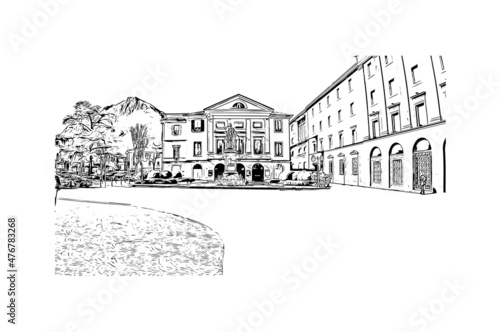 Building view with landmark of Lecco is the city in Italy. Hand drawn sketch illustration in vector.