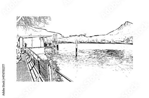 Building view with landmark of Lecco is the 
city in Italy. Hand drawn sketch illustration in vector.