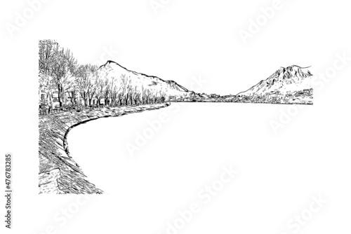 Building view with landmark of Lecco is the 
city in Italy. Hand drawn sketch illustration in vector.