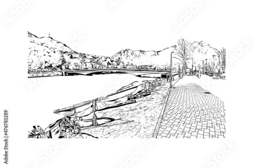 Building view with landmark of Lecco is the 
city in Italy. Hand drawn sketch illustration in vector.