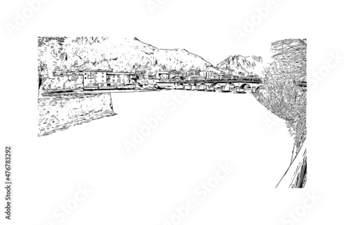 Building view with landmark of Lecco is the 
city in Italy. Hand drawn sketch illustration in vector.