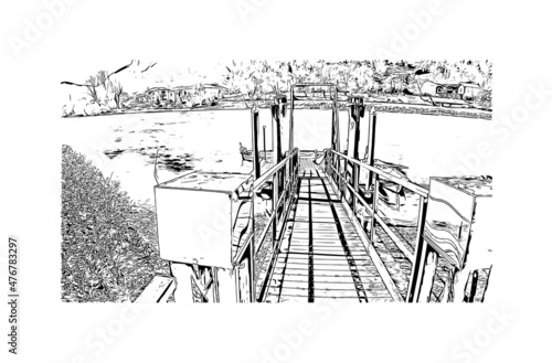 Building view with landmark of Lecco is the 
city in Italy. Hand drawn sketch illustration in vector.