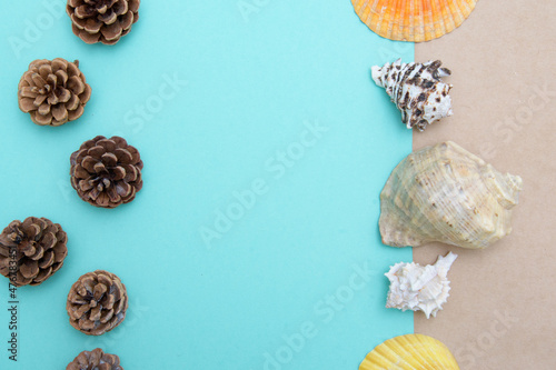 New Year card. Cones on a mint background. Seashells on a parchment background. Craft paper. The idea of the transition of seasons. View from above.