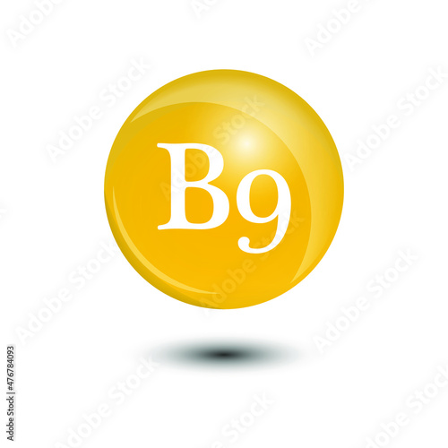 Vitamin b9 and structure. Medicine capsule, Golden substance. 3D Vitamin complex with chemical formula. Personal care and beauty concept. Vector illustration