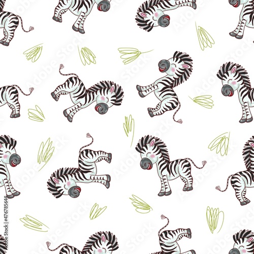 Seamless pattern of zebras and green bushes