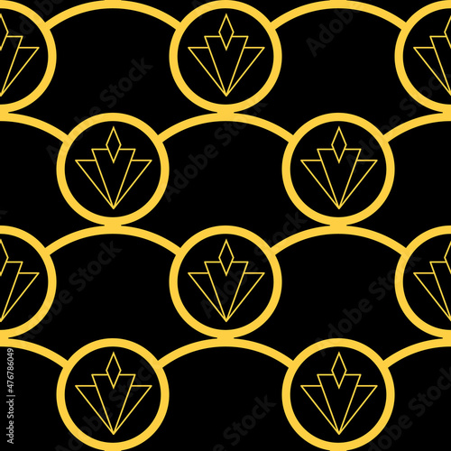Art Deco stylized diamond shapes and circles vector seamless pattern background. Black gold abstract 1920s geometric background with linear scales shapes. Repeat for celebration and occasions.