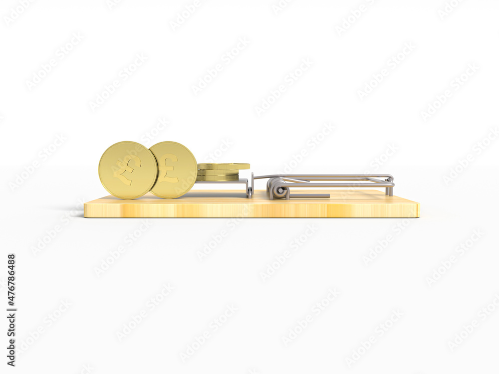 pound Money coin in mousetrap concept in 3D rendered illustration ...