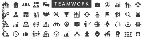Teamwork and Business people icons set. People group. Teamwork flat icon collection. Vector