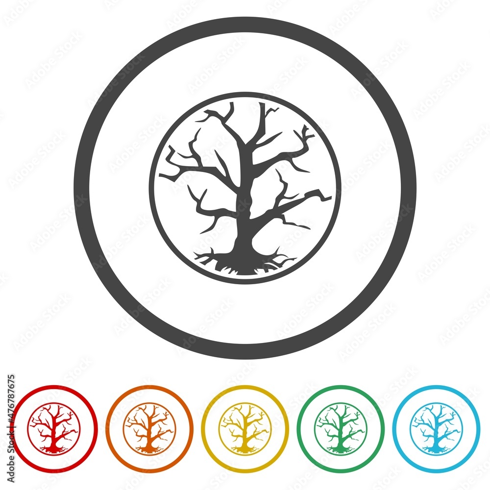 Round tree with roots and branches silhouette isolated on white background, color set Round tree with roots and branches silhouette isolated on white background, color set