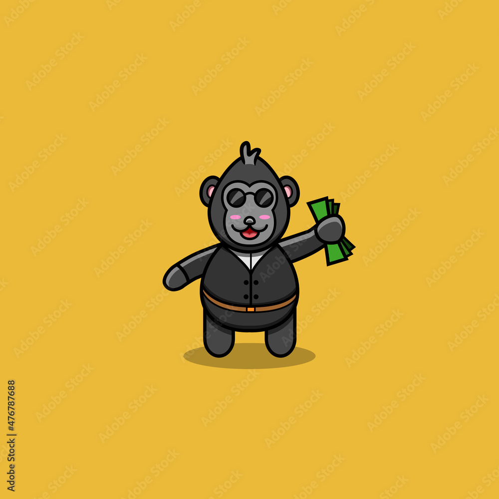 Vector Illustration Mascot cartoon character of Cute Baby King Kong With Boss Costume and Money. Suitable for Brand, Label, Logo, Sticker, t-shirt Design and other Product. Vector Illustration Mascot cartoon character of Cute Baby King Kong With Boss Costume and Money. Suitable for Brand, Label, Logo, Sticker, t-shirt Design and other Product.