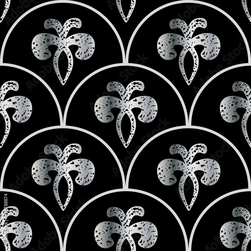 Art Deco stylized fleur de lys scale vector seamless pattern background. Gradient silver black metal lily motifs with grunge texture. Abstract 1920s geometric background. Repeat for celebration
