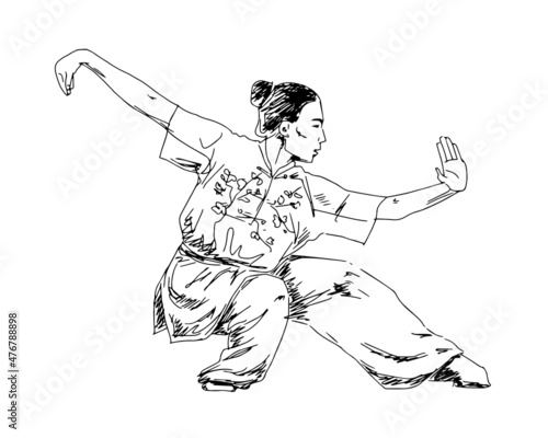 The girl demonstrates in the exercise the pose of kung fu wushu line drawing sketch draft Vector illustration